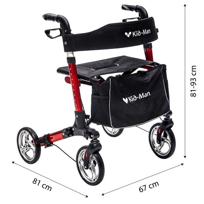 Rolator ortopedic, Kid-Man Fargo 01-3520, 4 roti, ajustabil, geanta, suport baston, negru + visiniu, 67 x 81 x 81 / 93 cm