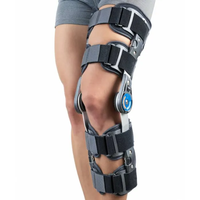 Orteză de genunchi mobilă, telescopică, cu articulații reglabile