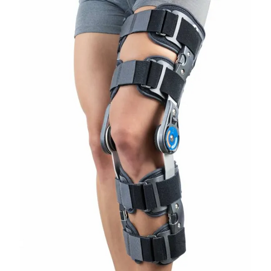 Orteză de genunchi mobilă, telescopică, cu articulații reglabile
